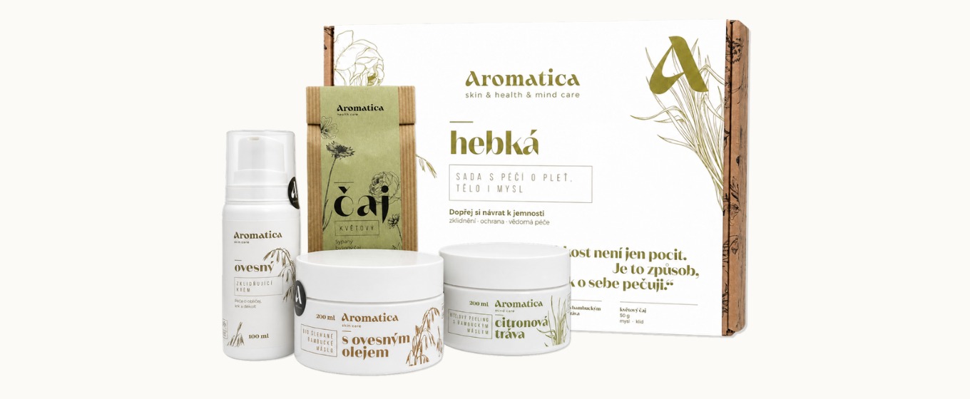 Produkty řady Hebká – ovesný krém, tělový peeling, BIO šlehané bambucké máslo a květový čaj