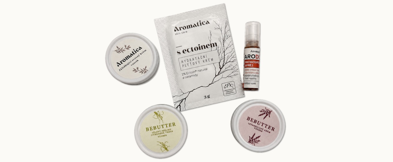 Miniatury Aromatica — vzorky krémů, peelingů a bambuckého másla v menším balení pro vyzkoušení i na cesty