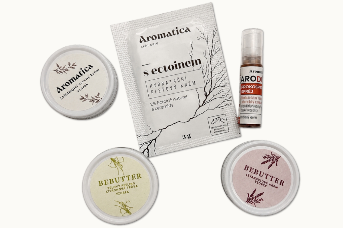Miniatury Aromatica — vzorky krémů, peelingů a bambuckého másla v menším balení pro vyzkoušení i na cesty